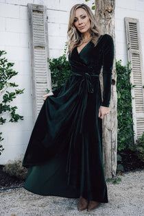 Jada Ribbed Velvet Wrap Dress | Emerald ...